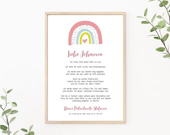 Rainbow sponsorship letter, personalized sponsorship certificate, baptism gift for godchild, as print or PDF, pink