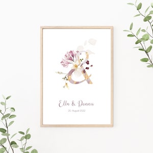 Hochzeitsposter, Paarposter personalisierbar mit Namen und Datum, &-Zeichen, Greenery, als Print oder PDF Datei, rosa