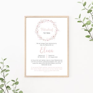Patenbrief Blumenkranz personalisiert, Patenurkunde, Geschenk vom Taufkind für den Paten, als Print oder PDF, rosa