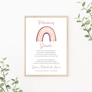 Patenbrief Regenbogen, Patenurkunde personalisierbar, Taufgeschenk für Patenkind, Taufbrief, als Print oder PDF, rosa