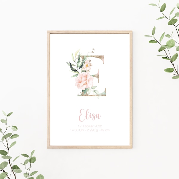 Geburtsposter personalisierbar mit Geburtsdaten, Geschenk zur Geburt, Buchstaben Poster, Monogramm, Kinderzimmer Deko, Print oder PDF