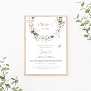 Patenbrief Wiesenblumen personalisierbar, Patenurkunde, Geschenk vom Taufkind für Patentante oder Patenonkel, Taufbrief, Print oder PDF