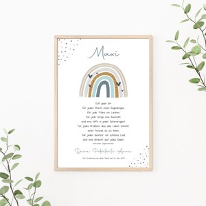 Taufgeschenk Regenbogen, personalisiert mit Segenswunsch, Poster Taufe, Patenbrief, Geschenk Patenkind, als Print oder PDF, blau