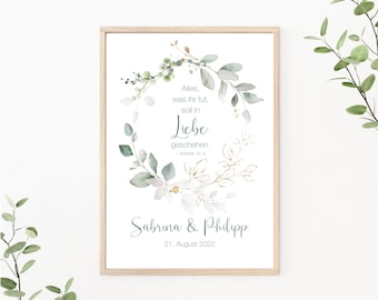 Wedding poster, couple poster personalizable with name and date, Corinthians, Greenery, as print or PDF file, Eucalyptus