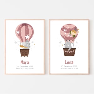Geburtsposter 2er Set, Zwillinge, Geschwister, personalisierbar, Geschenk zur Geburt, Namensposter, Heißluftballon, Print oder PDF