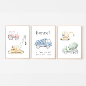Wandbild Kinderzimmer 3er Set, Geburtsposter personalisierbar mit Namen für Jungen, Poster Fahrzeuge, Baufahrzeuge, Bagger
