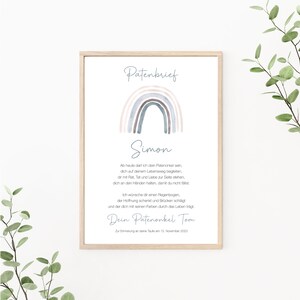 Patenbrief Regenbogen, Patenurkunde personalisierbar, Taufgeschenk für Patenkind, Taufbrief, als Print oder PDF, blau