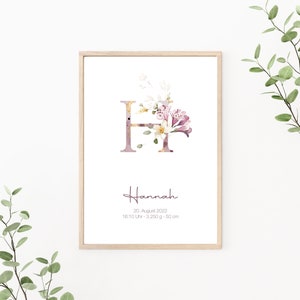 Geburtsposter personalisierbar mit Geburtsdaten, Geschenk zur Geburt, Buchstaben Poster, Monogramm, Kinderzimmer Deko, Print oder PDF, lila
