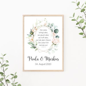 Hochzeitsposter, Paarposter personalisierbar mit Namen und Datum, Korinther, rosa Rosenkranz, als Print oder PDF Datei