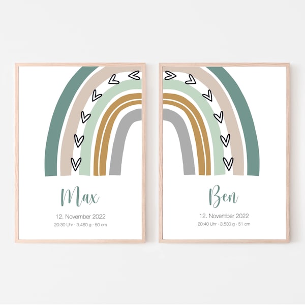 Birth poster set of 2, twins, siblings, brothers, customizable, birth gift, name poster, rainbow, print or PDF, green