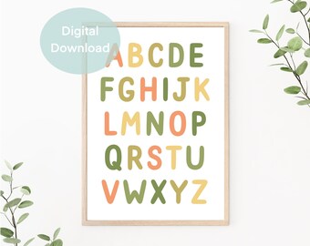ABC learning poster download, alphabet poster, children's room poster, back-to-school gift, digital poster, PDF file, green