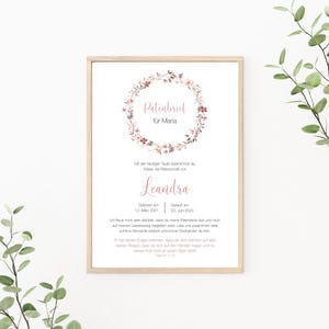 Patenbrief personalisierbar, Patenurkunde, Geschenk vom Taufkind für den Paten, Print oder PDF, Blumenkranz, rosa