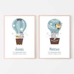 Geburtsposter 2er Set, Zwillinge, Geschwister, personalisierbar, Geschenk zur Geburt, Namensposter, Heißluftballon, Print oder PDF