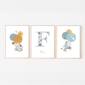Wandbild Kinderzimmer 3er Set, Luftballons, Geburtsposter personalisierbar, Namensposter, Monogramm, als Print oder PDF, blau