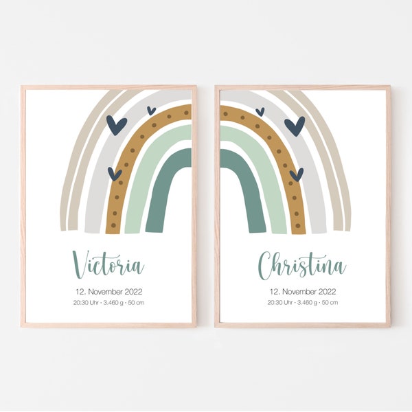 Birth poster set of 2, twins, siblings, customizable, birth gift, name poster, rainbow, print or PDF, green