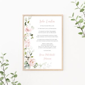 Patenbrief Rosen Blumenranke, Patenurkunde personalisierbar, Taufgeschenk für Patenkind, Taufbrief, als Print oder PDF, rosa