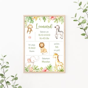 Geburtstafel Dschungel personalisierbar, Geburtsposter Löwe, Geschenk zur Geburt, Geburtsanzeige, Print oder PDF