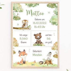 Birth chart forest customizable, birth poster forest animals, gift for birth, birth announcement, print or PDF