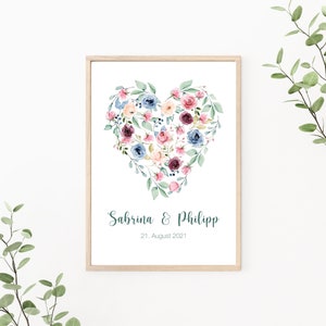 Hochzeitsposter Herz, Paarposter personalisierbar mit Namen und Datum, Blumen, als Print oder PDF
