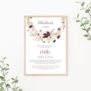 Patenbrief Wiesenblumen personalisierbar, Patenurkunde, Geschenk vom Taufkind für den Paten, Print oder PDF, rot