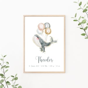 Geburtsposter Wal personalisiert mit Geburtsdaten, Namensposter, Geschenk zur Geburt, Wandbild Wal mit Luftballons, Print oder PDF, grau