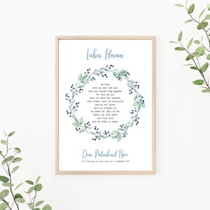 Patenbrief Blumenkranz, Patenurkunde personalisierbar, Taufgeschenk für Paten, als Print oder PDF, blau