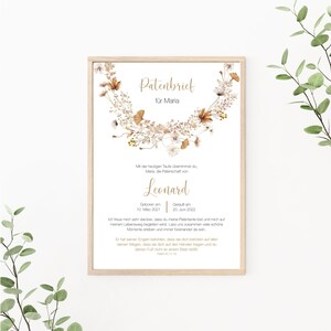 Patenbrief personalisierbar, Patenurkunde, Geschenk vom Taufkind für den Paten, Taufbrief, Print oder PDF, Wildblumen, beige