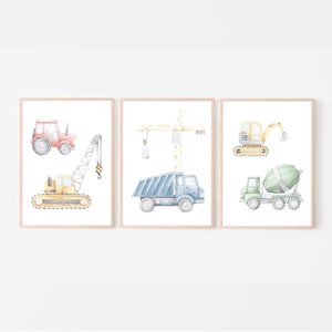 Mural children's room set of 3, poster vehicles, excavator, crane, poster for boys