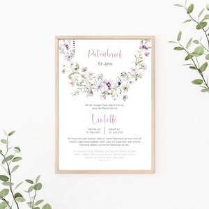 Patenbrief Wiesenblumen personalisierbar, Patenurkunde, Taufbrief, Geschenk vom Taufkind für den Paten, Print oder PDF, lila