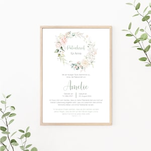 Patenbrief personalisierbar, Patenurkunde, Geschenk vom Taufkind für den Paten, Taufbrief, Print oder PDF, Eukalyptus, Rosen, rosa