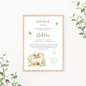 Patenbrief Fuchs, Patenurkunde personalisierbar, Geschenk vom Taufkind für den Paten, als Print oder PDF, grün