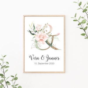 Hochzeitsposter, Paarposter &-Zeichen mit Rosen, personalisierbar mit Namen und Datum, als Print oder PDF Datei