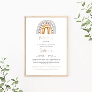 Patenbrief Regenbogen, Patenurkunde personalisiert, Geschenk vom Taufkind für den Paten, Taufbrief, Print oder PDF, beige