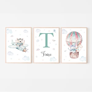 Wandbild Kinderzimmer 3er Set personalisierbar mit Monogramm und Namen für Jungen, Geburtsposter mit Flugzeug und Heißluftballon, mintgrün