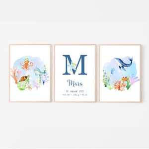 Wandbild Kinderzimmer Ocean 3er Set, Geburtsposter personalisierbar mit Monogramm und Namen für Mädchen und Jungen, Poster Unterwasser, blau