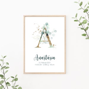 Geburtsposter personalisierbar mit Geburtsdaten, Geschenk zur Geburt, Buchstaben Poster, Kinderzimmer Deko, Print oder PDF, Eukalyptus