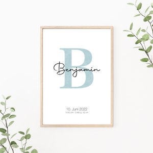 Geburtsposter personalisierbar mit Geburtsdaten, Geschenk zur Geburt, Buchstaben Poster, Monogramm, Kinderzimmer Deko, Print oder PDF, blau