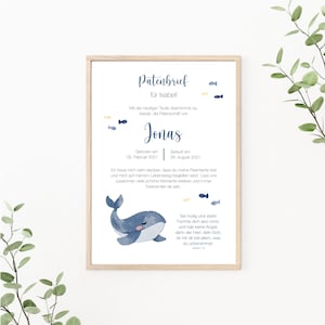 Patenbrief Wal, Patenurkunde personalisierbar, Geschenk vom Taufkind für den Paten, als Print oder PDF, blau