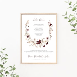 Patenbrief Wildblumen, Patenurkunde personalisierbar, Taufgeschenk für Patenkind, als Print oder PDF, rot