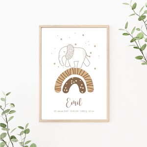 Geburtsposter Elefant und Regenbogen personalisiert mit Geburtsdaten, Namensposter, Geschenk zur Geburt, Kinderzimmer Deko, Print o. PDF