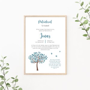 Patenbrief Lebensbaum, personalisierbar, Taufgeschenk, Patenurkunde, Geschenk für Patentante oder Patenonkel, als Print oder PDF, blau