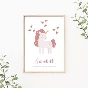 Geburtsposter Einhorn personalisiert mit Geburtsdaten, Namensposter, Geschenk zur Geburt, Kinderzimmer Deko, Print oder PDF
