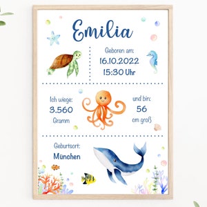 Birth chart sea customizable, birth poster whale, gift for birth, birth announcement, print or PDF