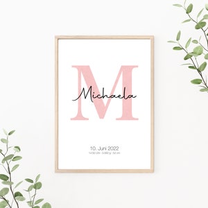 Geburtsposter personalisierbar mit Geburtsdaten, Geschenk zur Geburt, Buchstaben Poster, Monogramm, Kinderzimmer Deko, Print oder PDF, rosa