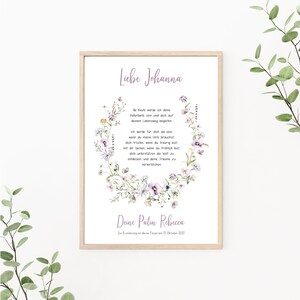 Patenbrief Blumen, Patenurkunde personalisierbar, Taufgeschenk für Patenkind, als Print oder PDF, lila