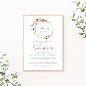 Patenbrief Blumenkranz personalisiert, Patenurkunde, Geschenk vom Taufkind für den Paten, als Print oder PDF, rosa