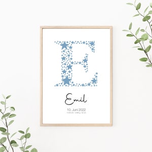 Geburtsposter personalisierbar mit Geburtsdaten, Geschenk zur Geburt, Buchstaben Poster, Monogramm, Kinderzimmer Deko, Print oder PDF, blau