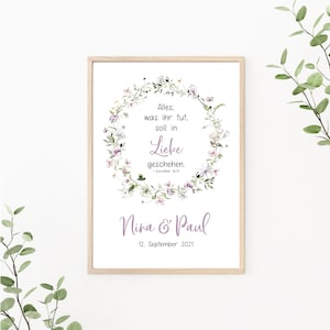Hochzeitsposter Blumenkranz, Paarposter personalisierbar mit Namen und Datum, Korinther, Wildblumen, als Print oder PDF Datei