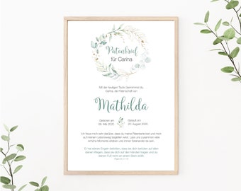 Godparent letter personalizable, godparent certificate, gift from the baptism child for the godparent, eucalyptus, as print or PDF, green