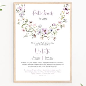 Godparent letter meadow flowers customizable, godparent certificate, baptism letter, gift from the child being baptized for the godfather, print or PDF, purple